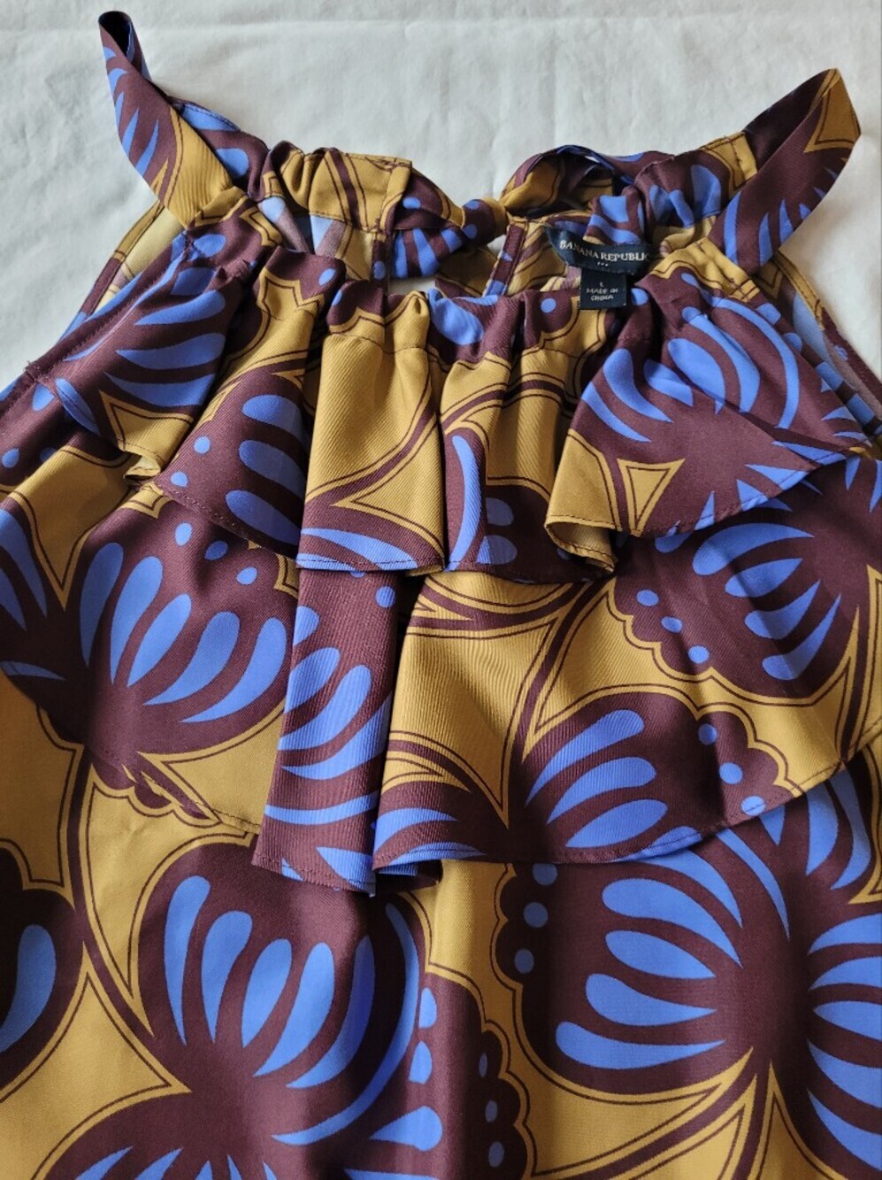 Banana Republic Sleeveless Tie-Neck Floral Print Top in Mustard, Blue & Brown L - Picture 4 of 10